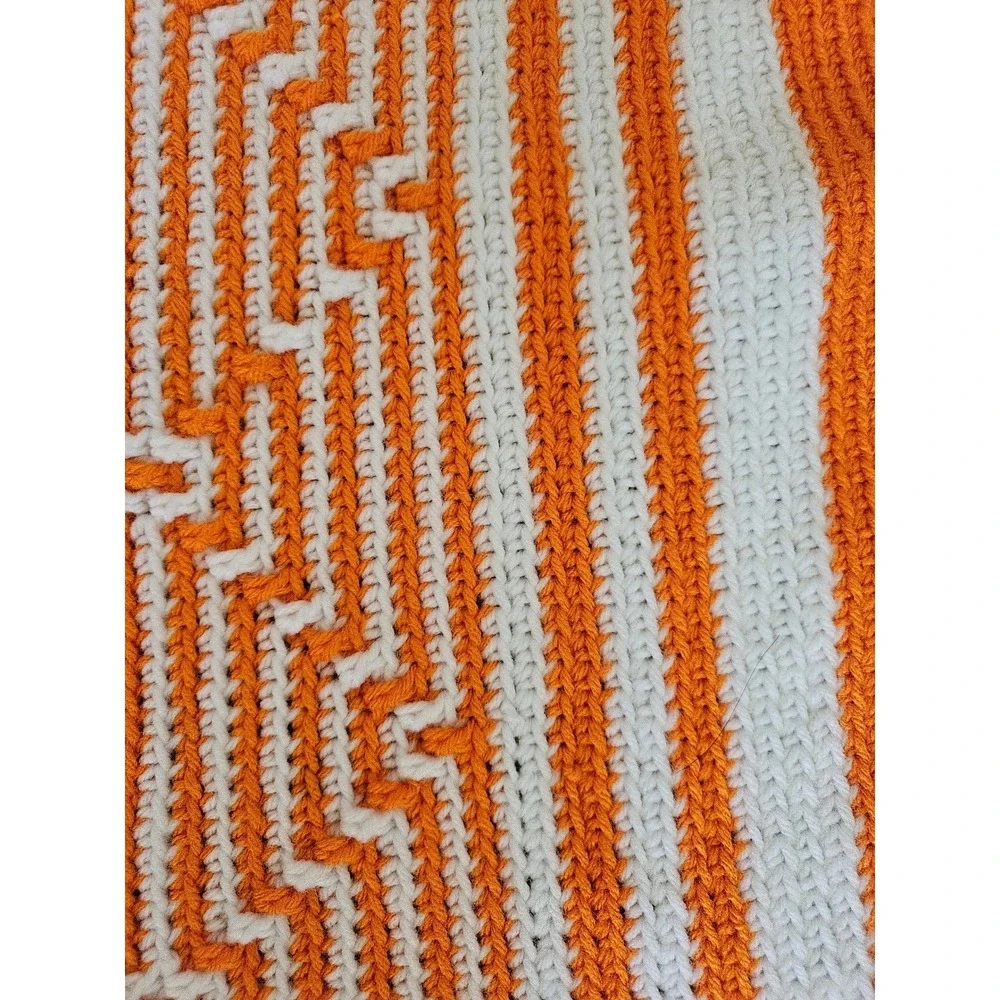 Vintage Handmade Crochet Afghan Orange White Geometric Mosaic Fringe 67x46 - Picture 4 of 6